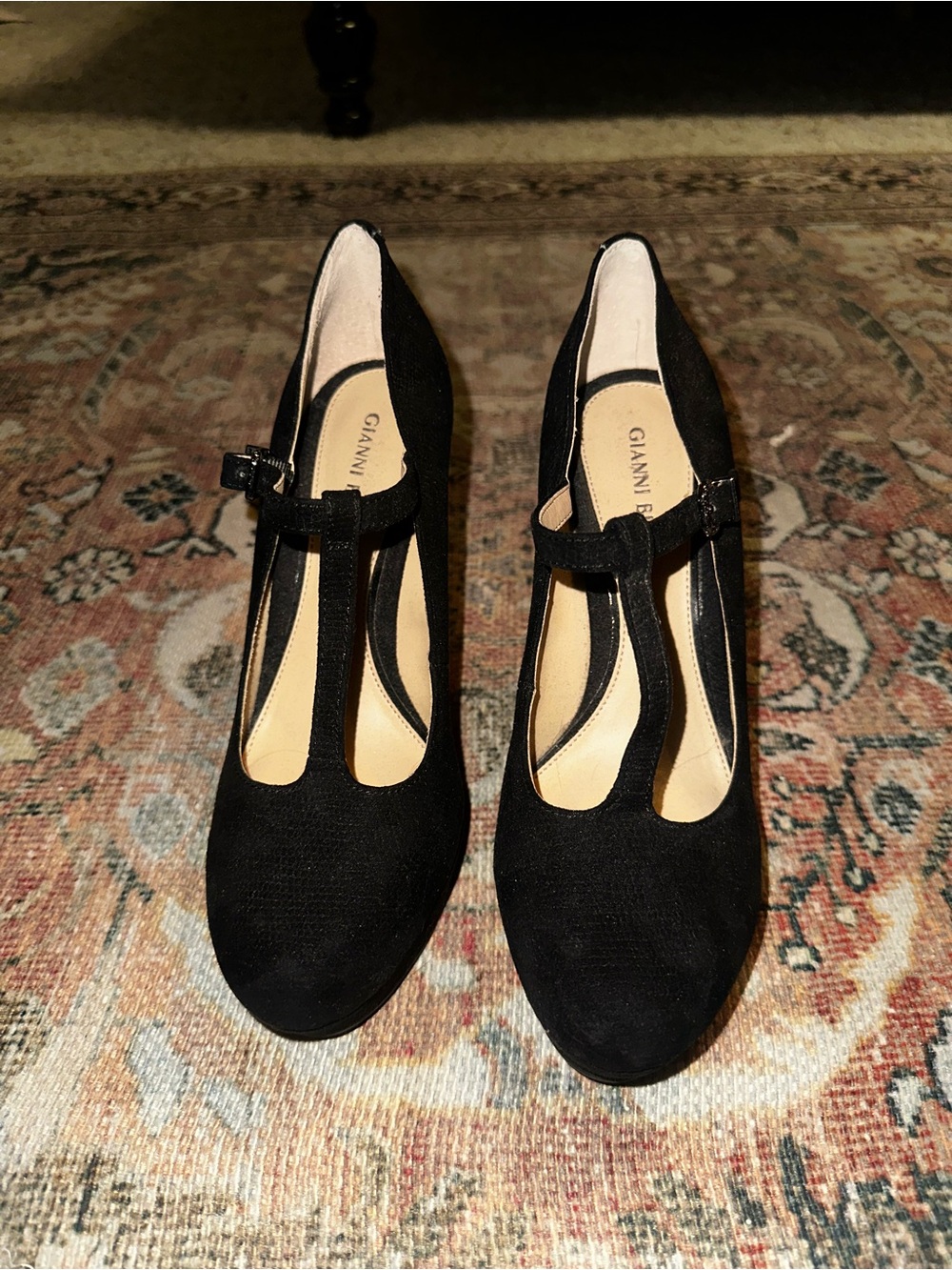 Gianni Bini Black T-Strap Suede Pumps with Ankle Buckle